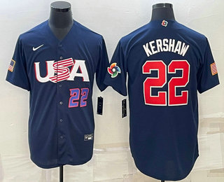 Mens USA Baseball #22 Clayton Kershaw Number 2023 Navy World Baseball Classic Stitched Jersey