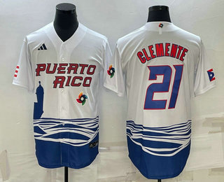 Men's Puerto Rico Baseball #21 Roberto Clemente 2023 White World Baseball Classic Stitched Jersey