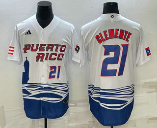 Mens Puerto Rico Baseball #21 Roberto Clemente Number 2023 White World Baseball Classic Stitched Jersey