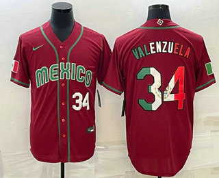 Mens Mexico Baseball #34 Fernando Valenzuela Number 2023 Red Blue World Baseball Classic Stitched Jersey