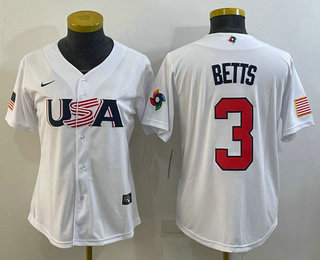 Women's USA Baseball #3 Mookie Betts 2023 White World Classic Replica Stitched Jersey