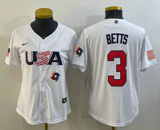 Women's USA Baseball #3 Mookie Betts 2023 White World Classic Replica Stitched Jerseys