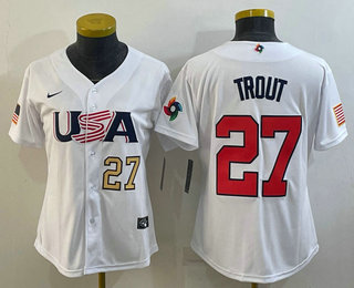 Women's USA Baseball #27 Mike Trout Number 2023 White World Classic Replica Stitched Jerseys