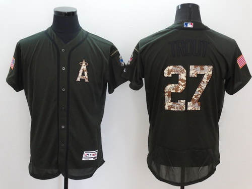 Men's LA Angels of Anaheim #27 Mike Trout Green Salute to Service 2016 Flexbase Majestic Baseball Jersey