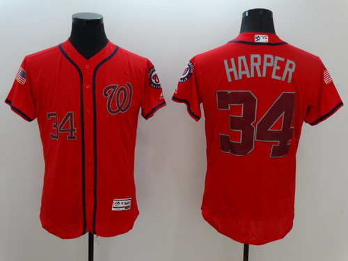 Men's Washington Nationals #34 Bryce Harper Red Fashion Stars & Stripes 2016 Flexbase Majestic Jersey