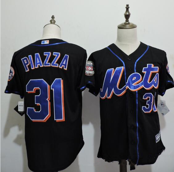 Men's New York Mets #31 Mike Piazza Black Cooperstown Collection Throwback Jersey Mets 2016 HOF patch