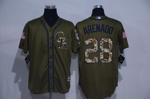 Men's Colorado Rockies #28 Nolan Arenado Green Salute to Service Cool Base Stitched MLB Jersey