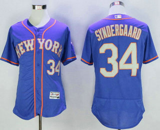 Men's New York Mets #34 Noah Syndergaard Blue With Gray Stitched MLB 2016 Majestic Flex Base Jersey