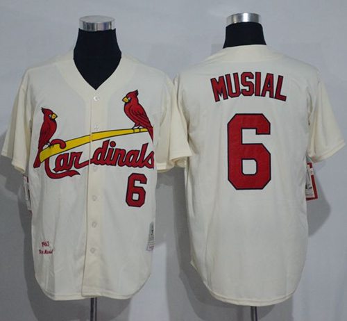 Men's St. Louis Cardinals #6 Stan Musial Cream Stitched 1963 MLB Cooperstown Collection Jersey by Mitchell & Ness