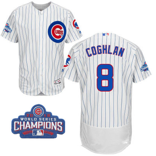 Men's Chicago Cubs #8 Chris Coghlan White Home Majestic Flex Base 2016 World Series Champions Patch Jersey