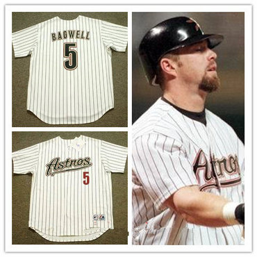 Men's Houston Astros #5 Jeff Bagwell White Pinstirpe 2001 Throwback Stitched MLB Majestic Cooperstown Collection Jersey