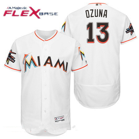 Men's Miami Marlins #13 Marchell Ozuna White Home 2017 All-Star Patch Stitched MLB Majestic Flex Base Jersey