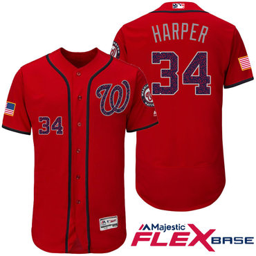 Men's Washington Nationals #34 Bryce Harper Red Stars & Stripes Fashion Independence Day Stitched MLB Majestic Flex Base Jersey