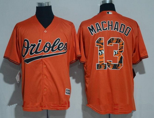 Men's Baltimore Orioles #13 Manny Machado Orange Team Logo Ornamented Stitched MLB Majestic Cool Base Jersey