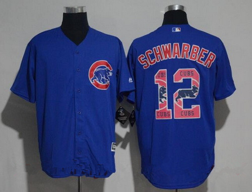 Men's Chicago Cubs #12 Kyle Schwarber Royal Blue Team Logo Ornamented Stitched MLB Majestic Cool Base Jersey