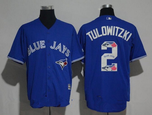 Men's Toronto Blue Jays #2 Troy Tulowitzki Royal Blue Team Logo Ornamented Stitched MLB Majestic Cool Base Jersey