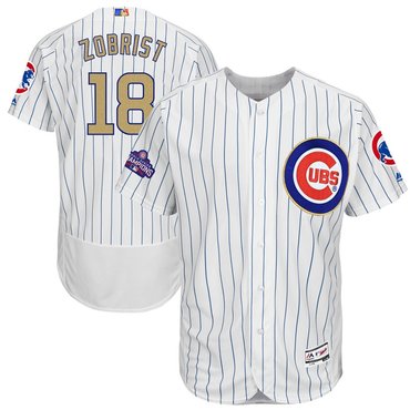 Men's Chicago Cubs #18 Ben Zobrist White World Series Champions Gold Stitched MLB Majestic 2017 Flex Base Jersey