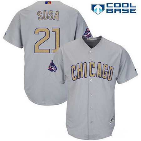 Men's Chicago Cubs #21 Sammy Sosa Gray World Series Champions Gold Stitched MLB Majestic 2017 Cool Base Jersey