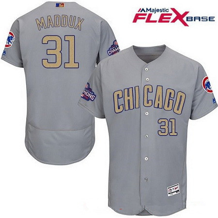 Men's Chicago Cubs #31 Greg Maddux Gray World Series Champions Gold Stitched MLB Majestic 2017 Flex Base Jersey