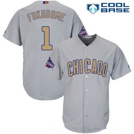 Men's Chicago Cubs #1 Kosuke Fukudome Gray World Series Champions Gold Stitched MLB Majestic 2017 Cool Base Jersey