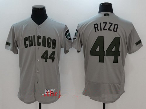 Men's Chicago Cubs #44 Anthony Rizzo Gray with Green Memorial Day Stitched MLB Majestic Flex Base Jersey