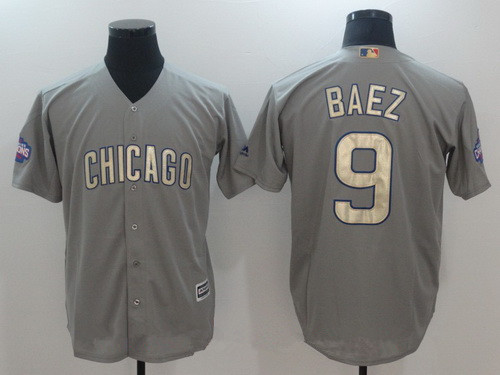 Men's Chicago Cubs #9 Javier Baez Gray World Series Champions Gold Stitched MLB Majestic 2017 Cool Base Jersey