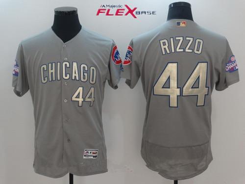 Men's Chicago Cubs #44 Anthony Rizzo Gray World Series Champions Gold Stitched MLB Majestic 2017 Flex Base Jersey