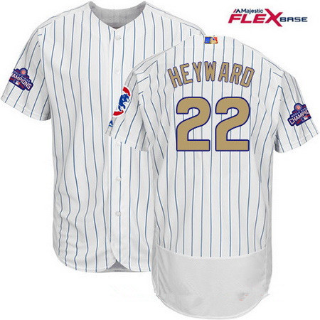 Men's Majestic Chicago Cubs #22 Jason Heyward White World Series Champions Gold Stitched MLB Majestic 2017 Flex Base Jersey