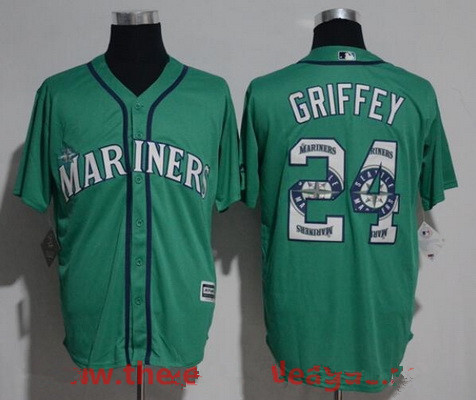 Men's Seattle Mariners #24 Ken Griffey Jr. Teal Green Team Logo Ornamented Stitched MLB Majestic Cool Base Jersey