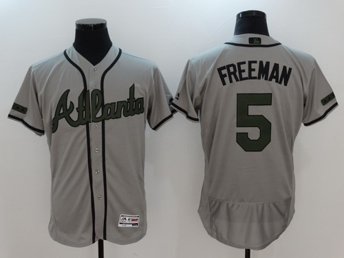 Men's Atlanta Braves #5 Freddie Freeman Gray With Green Memorial Day Stitched MLB Majestic Flex Base Jersey