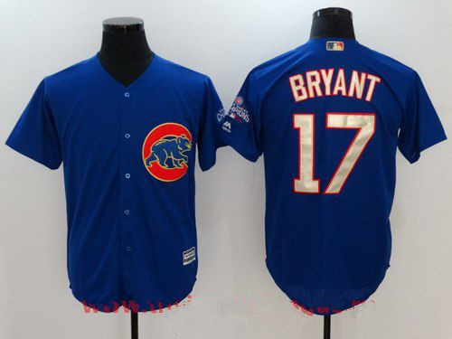 Men's Chicago Cubs #17 Kris Bryant Royal Blue World Series Champions Gold Stitched MLB Majestic 2017 Cool Base Jersey