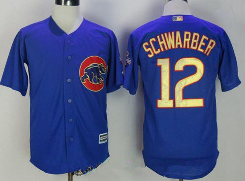 Men's Chicago Cubs #12 Kyle Schwarber Royal Blue World Series Champions Gold Stitched MLB Majestic 2017 Cool Base Jersey