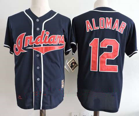 Men's Cleveland Indians #12 Roberto Alomar Navy Blue Throwback 1995 World Series Patch Stitched MLB Cooperstown Collection Jersey