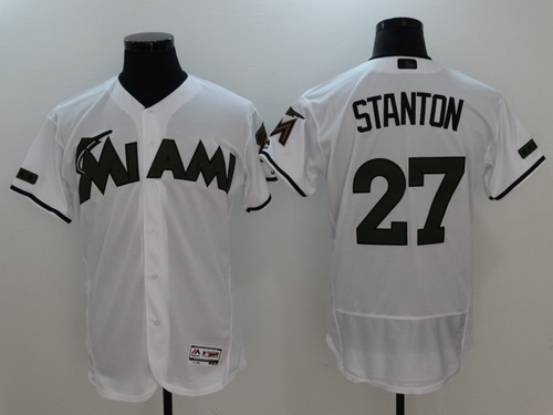 Men's Miami Marlins #27 Giancarlo Stanton Whtie With Green Memorial Day Stitched MLB Majestic Flex Base Jersey