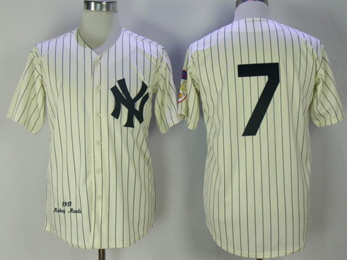 Men's New York Yankees #7 Mickey Mantle Cream Pinstripe 1951 Throwback Cooperstown Collection Stitched MLB Mitchell & Ness Jersey