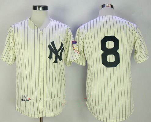 Men's New York Yankees #8 Yogi Berra Cream Pinstripe 1951 Throwback Cooperstown Collection Stitched MLB Mitchell & Ness Jersey