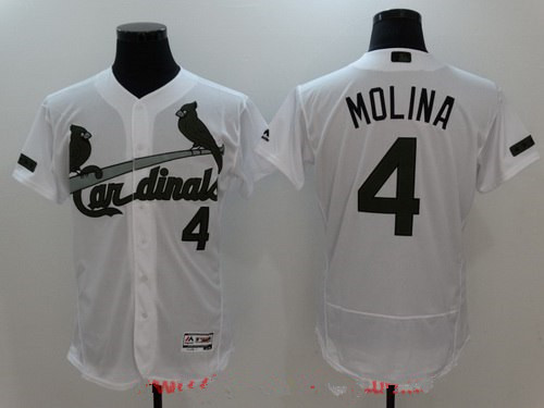 Men's St. Louis Cardinals #4 Yadier Molina White with Green Memorial Day Stitched MLB Majestic Flex Base Jersey