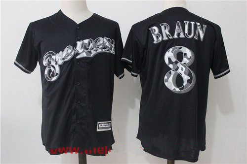 Men's Milwaukee Brewers #8 Ryan Braun Black Team Logo Ornamented Stitched MLB Majestic Cool Base Jersey