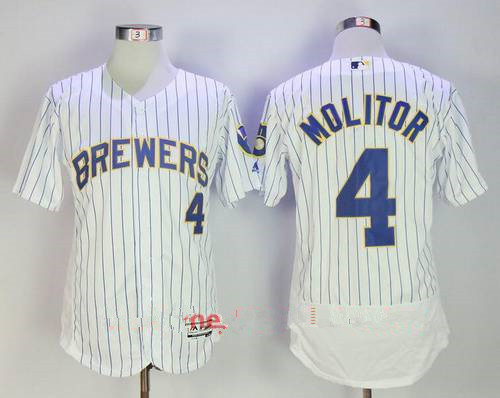 Men's Milwaukee Brewers #4 Paul Molitor Retired White Pinstripe Stitched MLB Majestic Flex Base Jersey