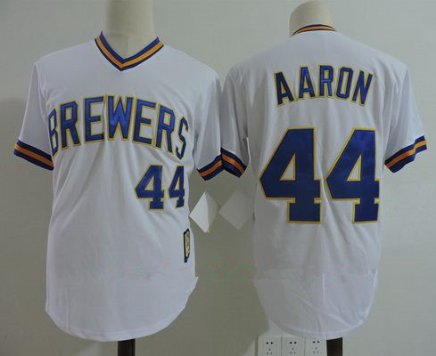 Men's Milwaukee Brewers #44 Hank Aaron White Pullover Throwback Cooperstown Collection Stitched MLB Mitchell & Ness Jersey