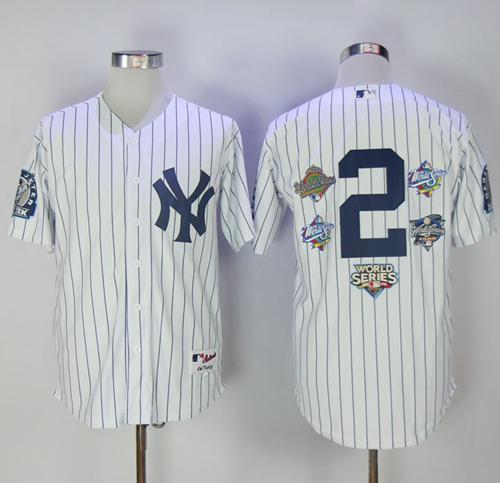 Men's New York Yankees #2 Derek Jeter White Strip Five Times World Series Champion Stitched MLB Jersey