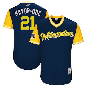 Men's Milwaukee Brewers 21 Travis Shaw Mayor-DDC Majestic Navy 2018 Players' Weekend Authentic Jersey