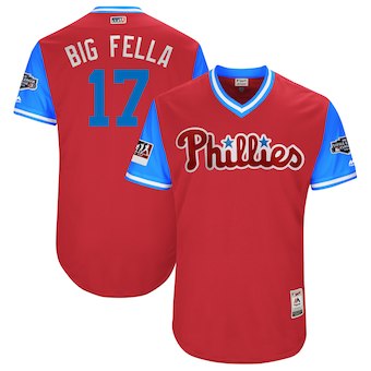 Men's Philadelphia Phillies 17 Rhys Hoskins Big Fella Majestic Scarlet 2018 MLB Little League Classic Authentic Jersey