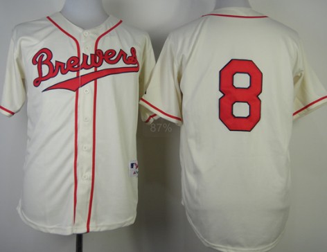 Milwaukee Brewers #8 Ryan Braun 1948 Cream With Red Jersey