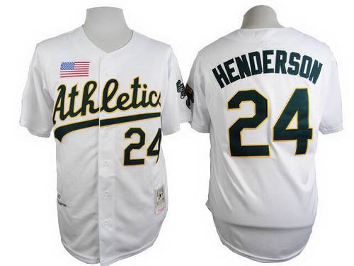 Men's Oakland Athletics #24 Rickey Henderson 1990 White Mitchell & Ness Jersey