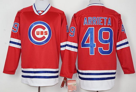 Men's Chicago Cubs #49 Jake Arrieta Red Long Sleeve Baseball Jersey