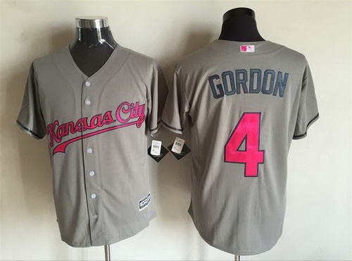 Men's Kansas City Royals #4 Alex Gordon Gray With Pink 2016 Mother's Day Baseball Cool Base Jersey