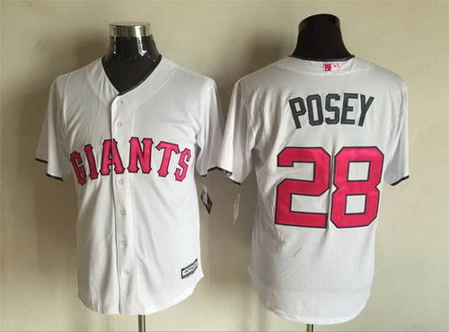 Men's San Francisco Giants #28 Buster Posey White With Pink 2016 Mother's Day Baseball Cool Base Jersey