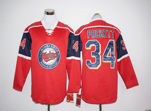 Men's Minnesota Twins #34 Kirby Puckett Retired Red Long Sleeve Baseball Jersey