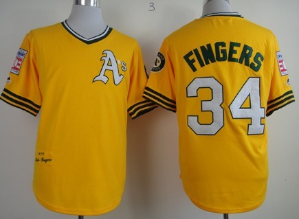 Oakland Athletics #34 Rollie Fingers 1976 Yellow Throwback Jersey